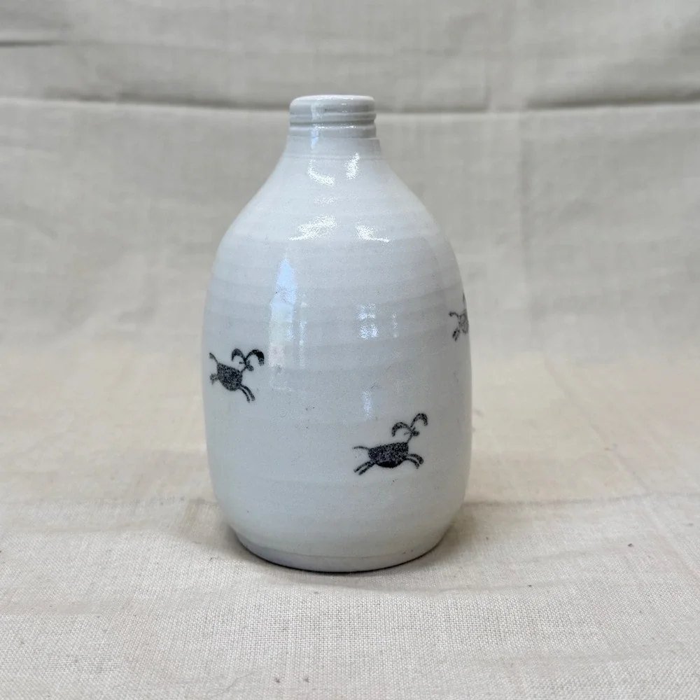 Mini Pottery Bottle Vase Blue White Ceramic Vessel Primitive Country Shelf Decor